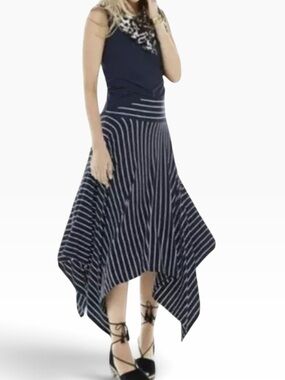 CAbi Navy Blue Striped Knit Asymmetrical Handkerchief Hem "Twirl" Skirt #5183 XL